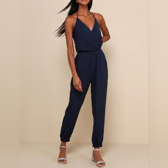 Lulus Pants - Lulus Learning to Fly Navy Halter Jumpsuit Pockets - Women's Large